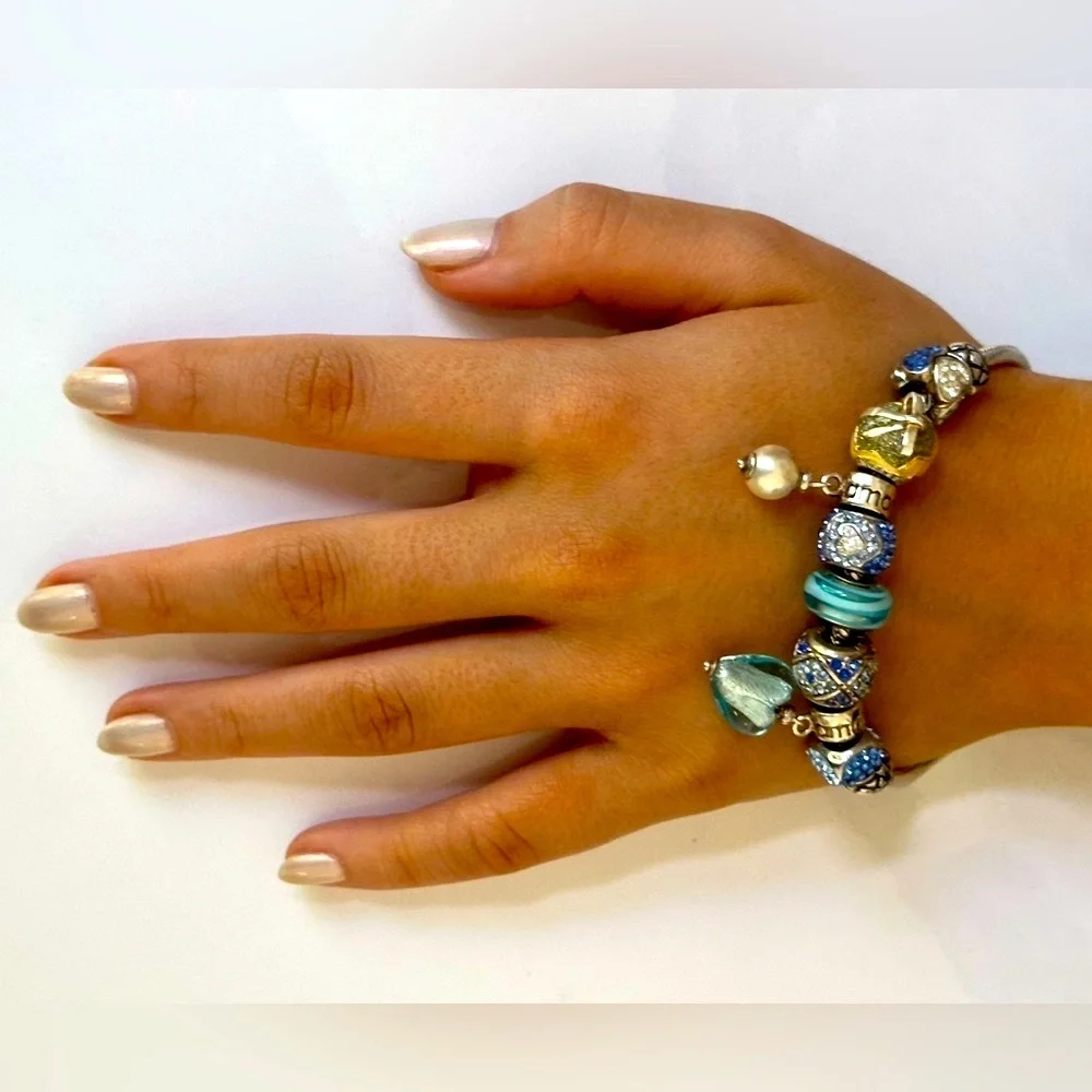 Amore & Baci 925 Sterling Elegant Blue and Gold Charm Bracelet